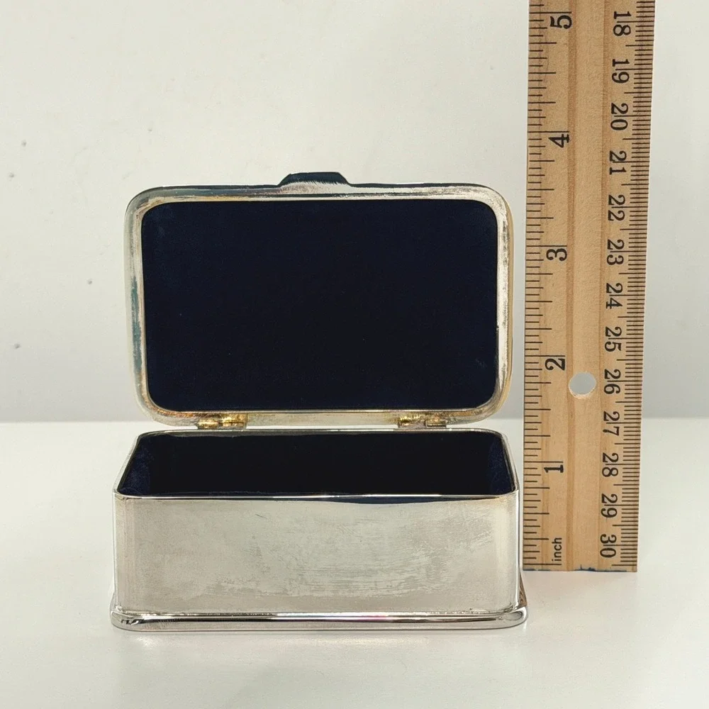 Vintage Silver Plate Trinket Box Blue Velvet Lined Jewelry Keepsake Box